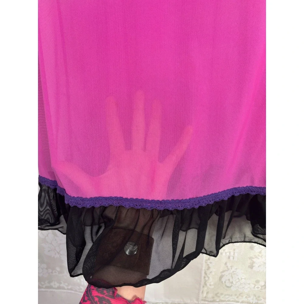 Y2K Pink+Black+Purple‎ Floral Embroidered Coquette Sheer Mesh Chemise Size XL